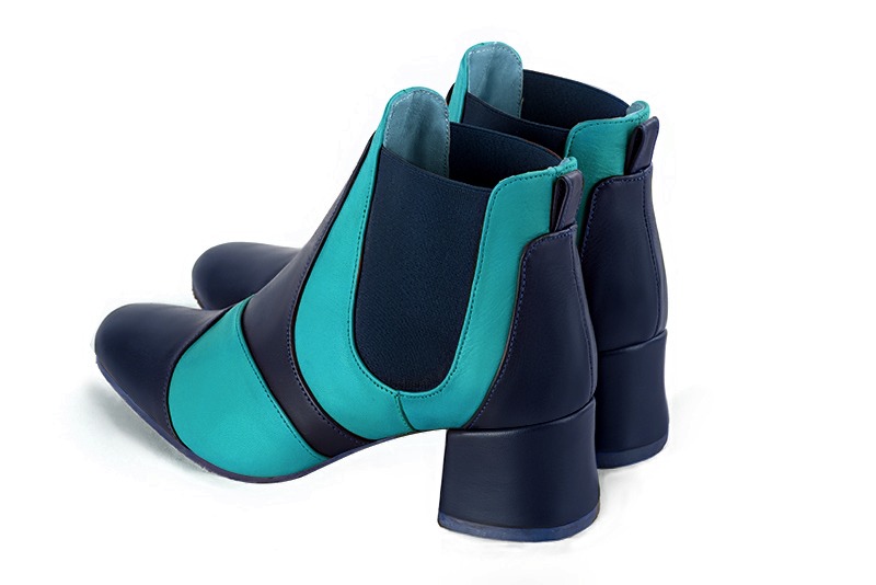 Navy blue women's ankle boots, with elastics. Round toe. Low flare heels. Rear view - Florence KOOIJMAN